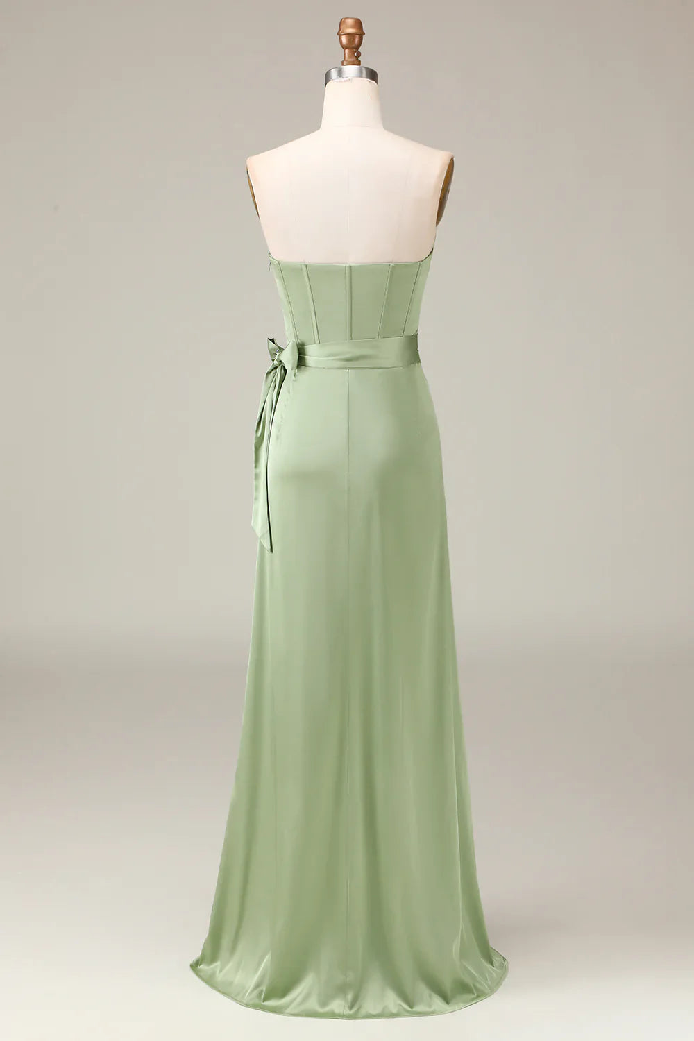Robe de soirée en satin coupe trapèze bustier style corset Matcha avec fente